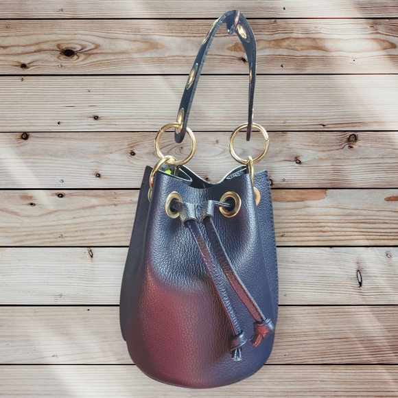 Italyleatherit Handbags - Elegant Dark Blue Italian Leather Mini Bucket Bag with Gold Hardware Women's Bag